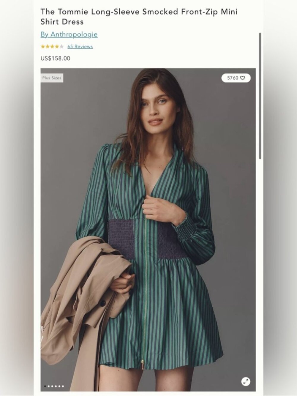NWT Size SP -The Tommie Long-Sleeve Smocked Front-Zip Mini Shirt Dress (US$ 158)